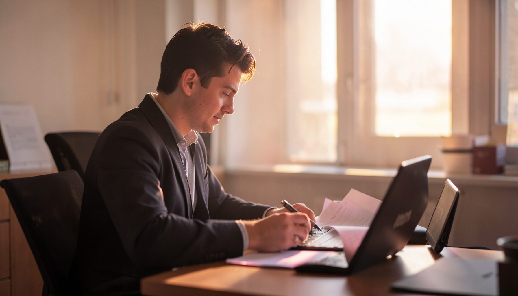 Jeune professionnel au bureau analysant des documents, lumière naturelle tamisée, tons neutres